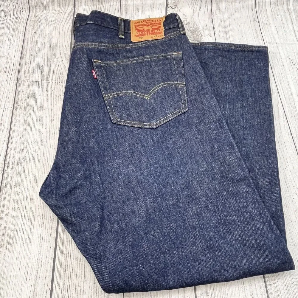 Levis 501 Original Fit Straight Jeans Mens 42x32‎ Dark Wash Blue Cotton